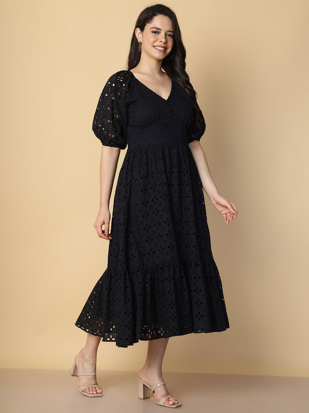 Black Cotton Schiffli Midi Dress