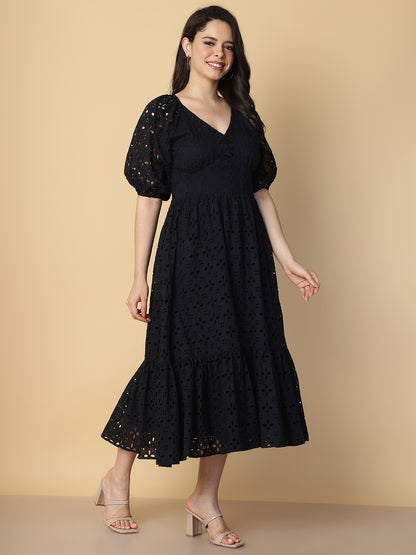 Black Cotton Schiffli Midi Dress