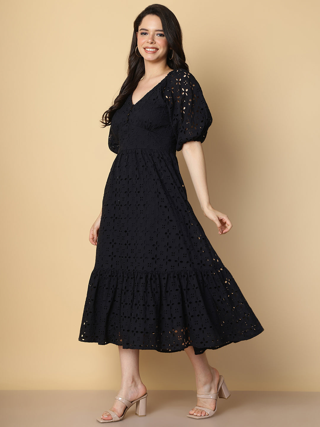 Black Cotton Schiffli Midi Dress