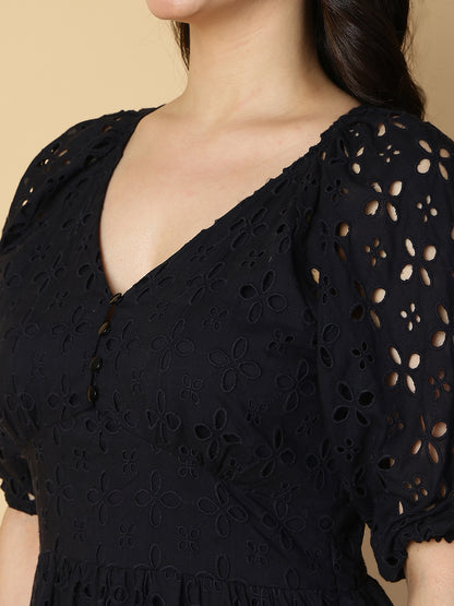 Black Cotton Schiffli Midi Dress