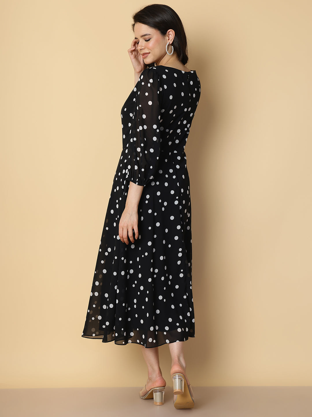 Black Polka Dot A-Line Midi Dress