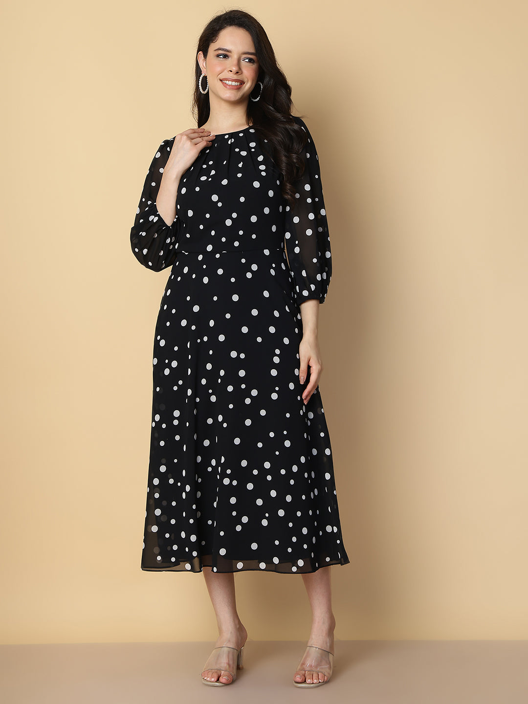 Black Polka Dot A-Line Midi Dress