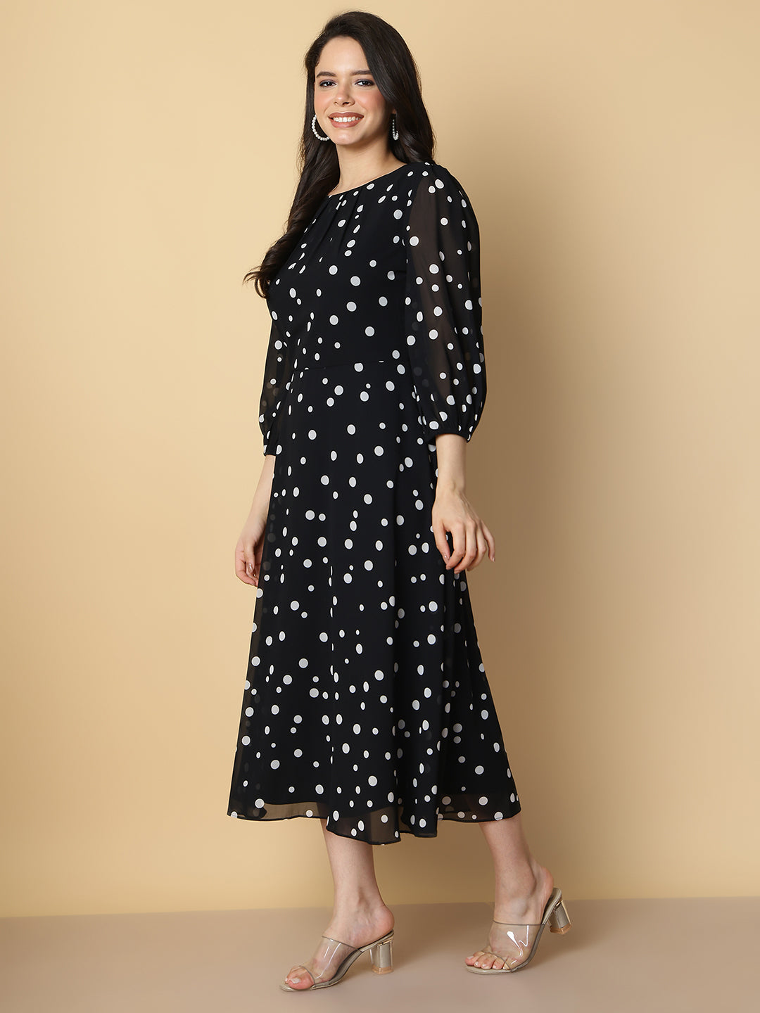 Black Polka Dot A-Line Midi Dress