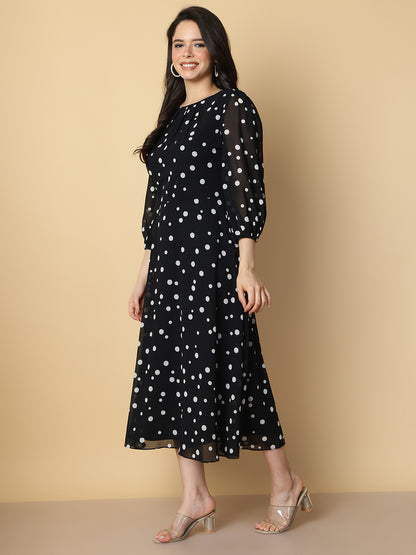 Black Polka Dot A-Line Midi Dress