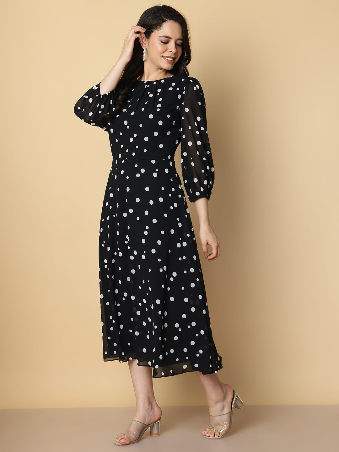 Black Polka Dot A-Line Midi Dress