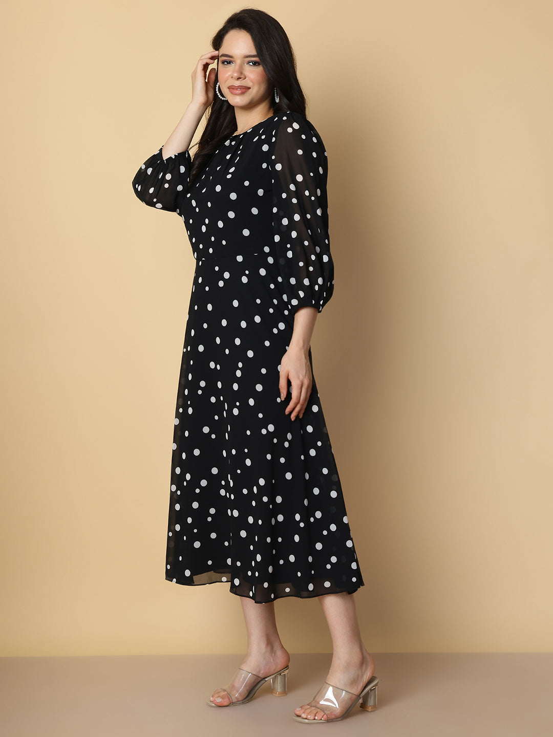 Black Polka Dot A-Line Midi Dress