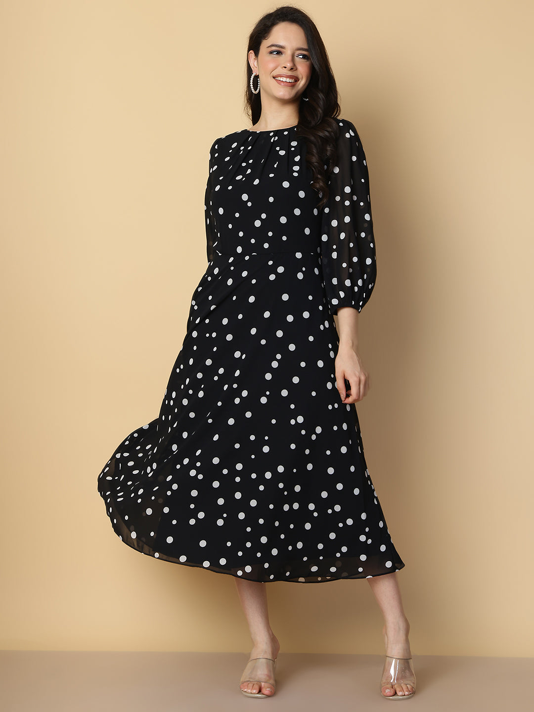 Black Polka Dot A-Line Midi Dress