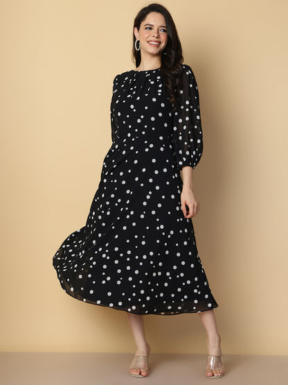 Black Polka Dot A-Line Midi Dress