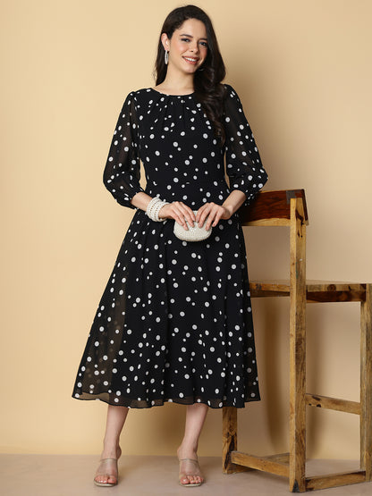 Black Polka Dot A-Line Midi Dress