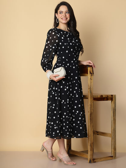 Black Polka Dot A-Line Midi Dress