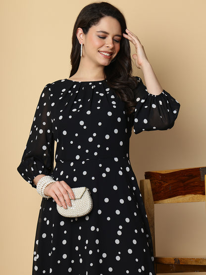 Black Polka Dot A-Line Midi Dress