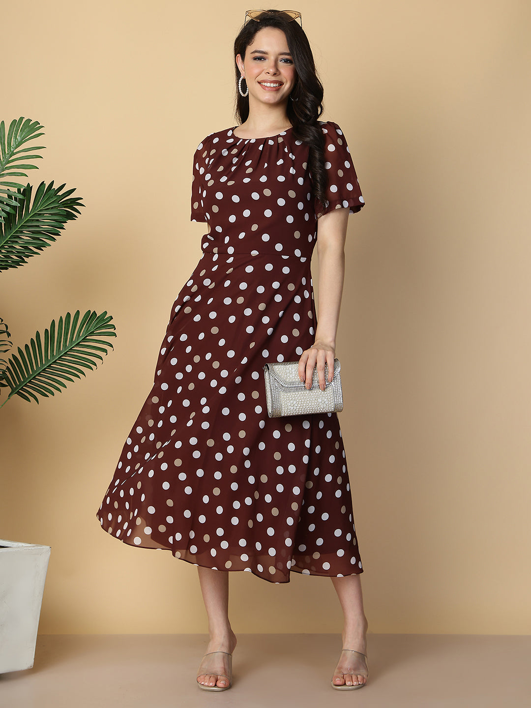 Brown Polka Dot A-Line Midi Dress