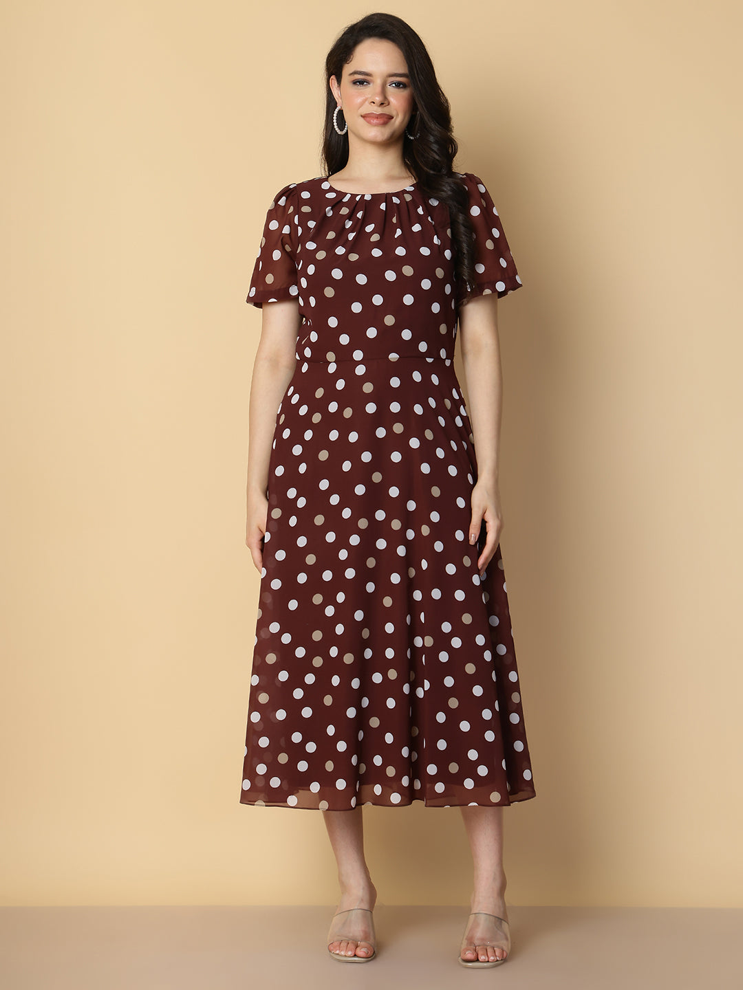 Brown Polka Dot A-Line Midi Dress