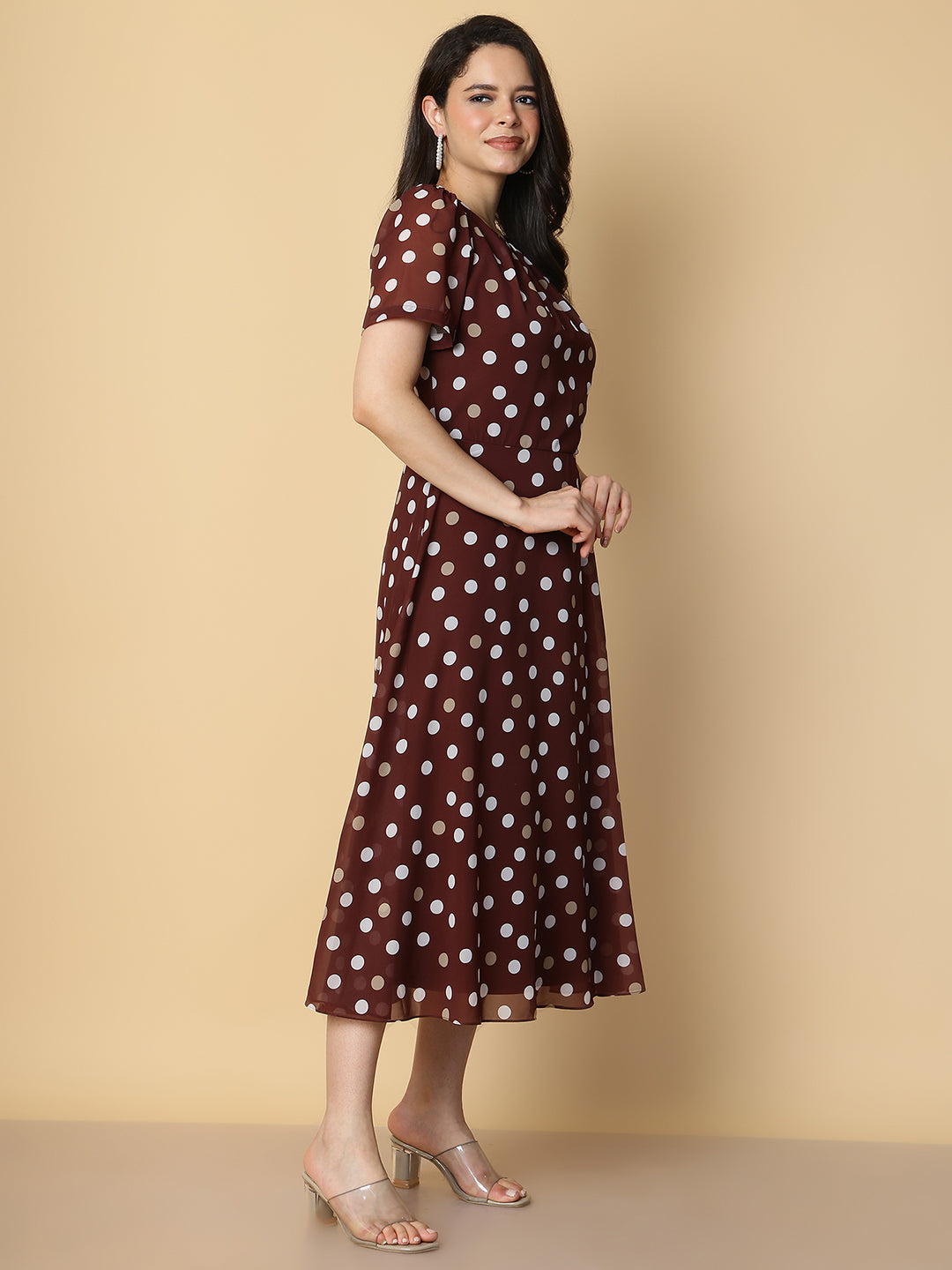 Brown Polka Dot A-Line Midi Dress