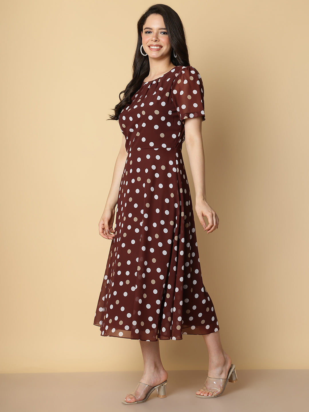Brown Polka Dot A-Line Midi Dress