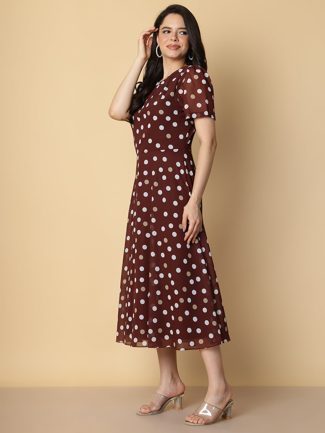 Brown Polka Dot A-Line Midi Dress