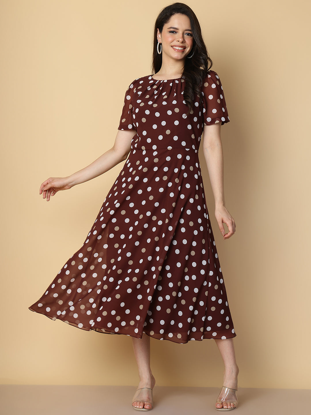 Brown Polka Dot A-Line Midi Dress