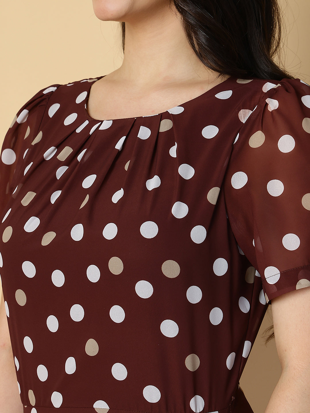 Brown Polka Dot A-Line Midi Dress