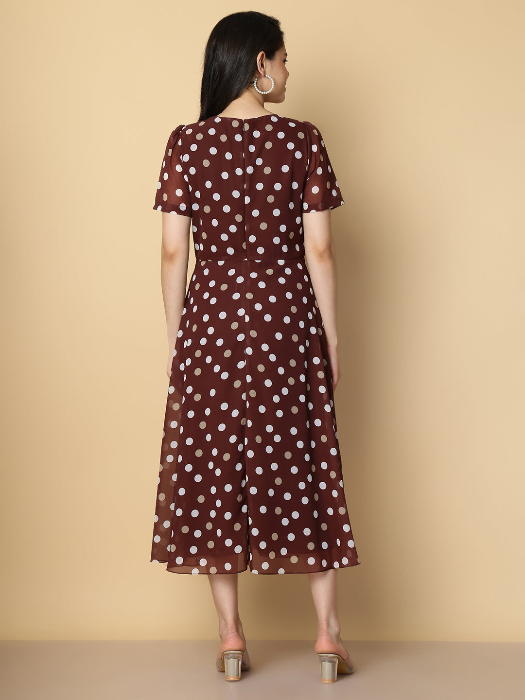 Brown Polka Dot A-Line Midi Dress
