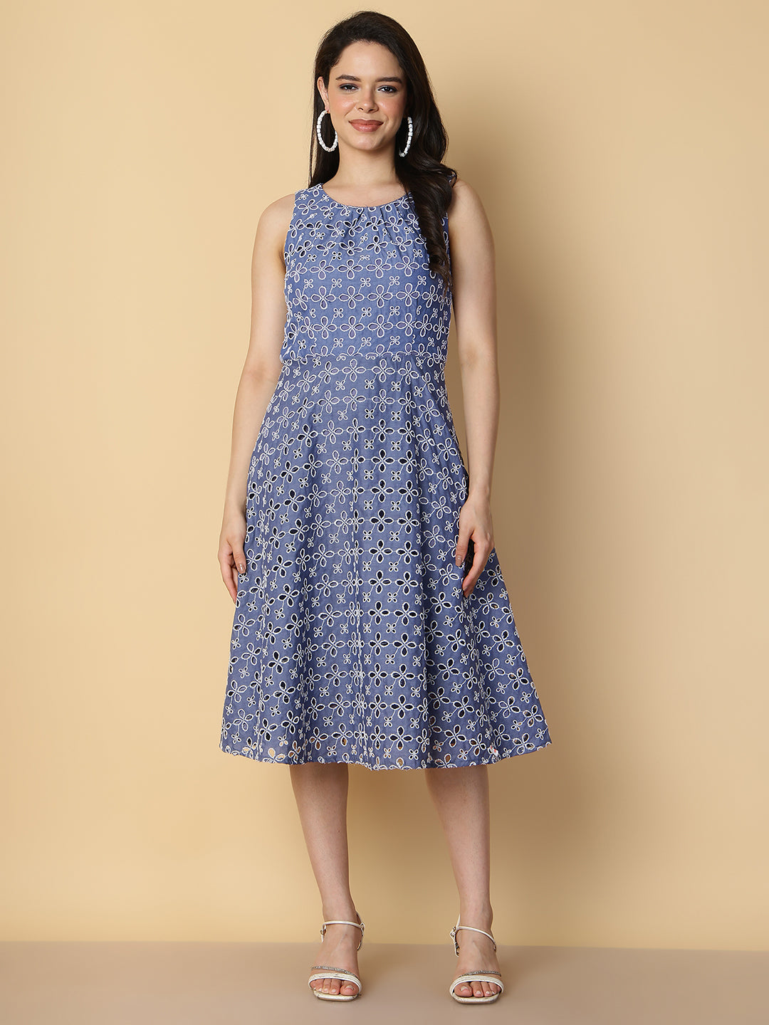 Floral Embroidered  A-Line Midi Dress