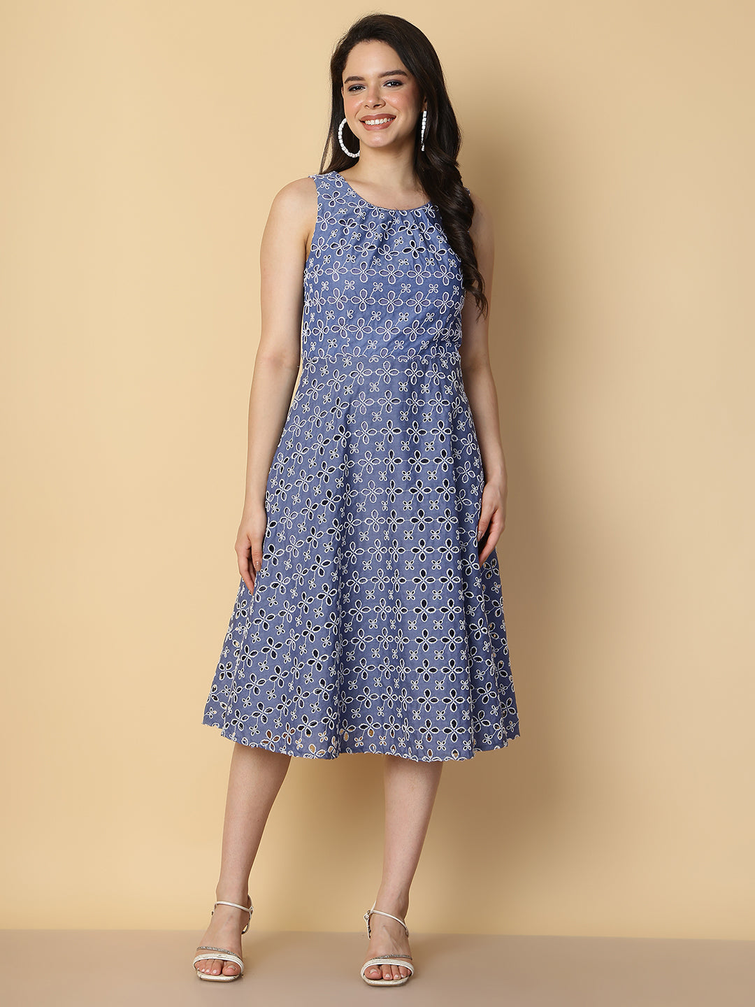 Floral Embroidered  A-Line Midi Dress