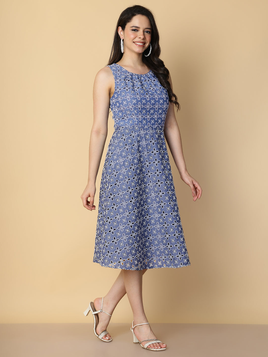 Floral Embroidered  A-Line Midi Dress
