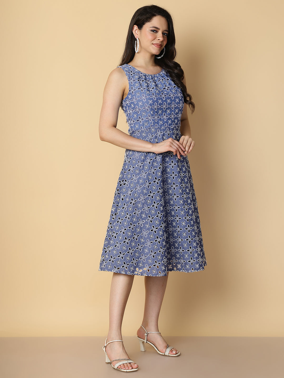 Floral Embroidered  A-Line Midi Dress
