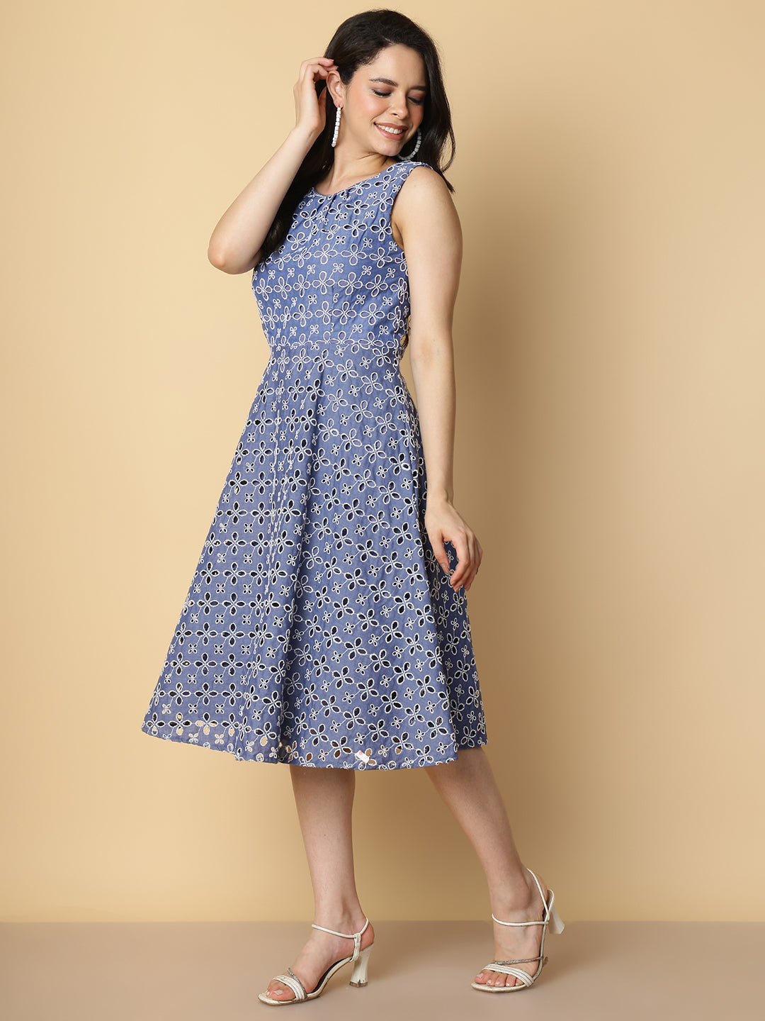Floral Embroidered  A-Line Midi Dress