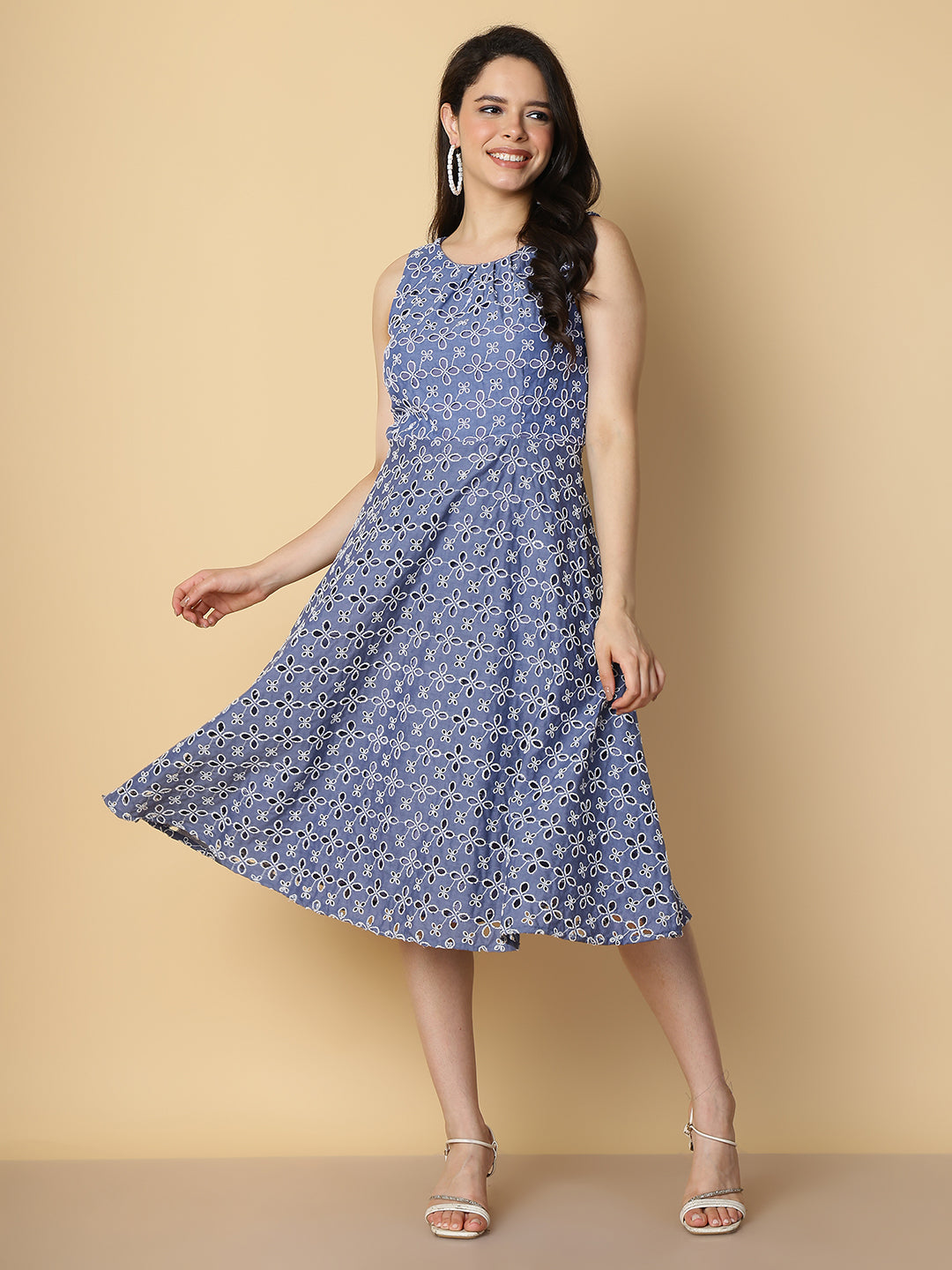 Floral Embroidered  A-Line Midi Dress
