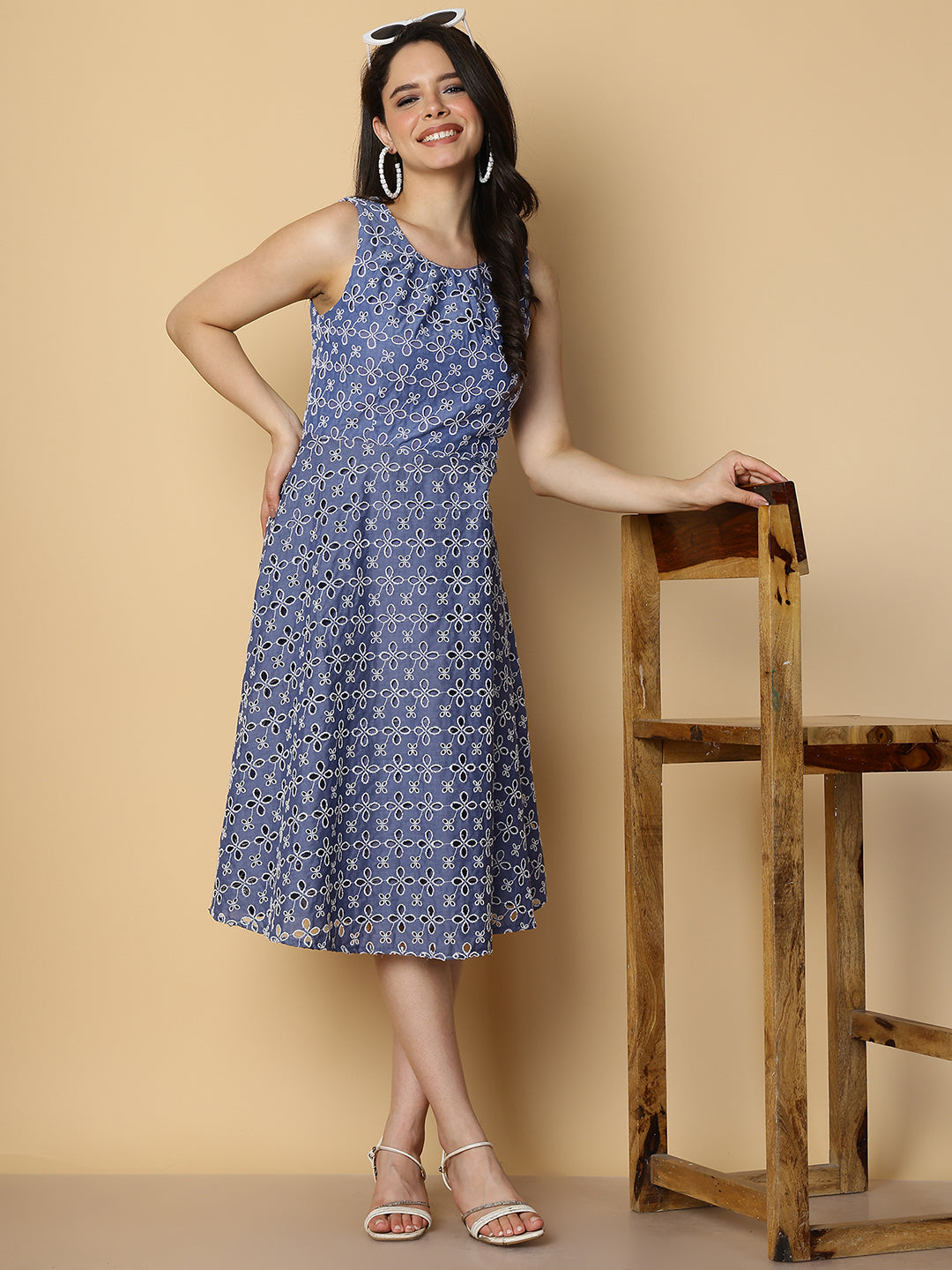 Floral Embroidered  A-Line Midi Dress