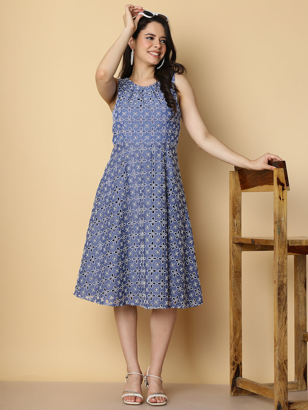 Floral Embroidered  A-Line Midi Dress