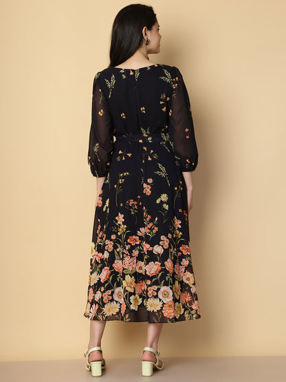 Midnight Black Floral A-Line Dress