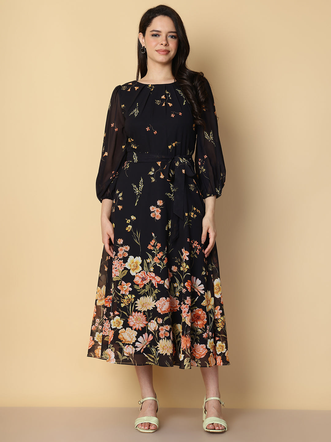 Midnight Black Floral A-Line Dress