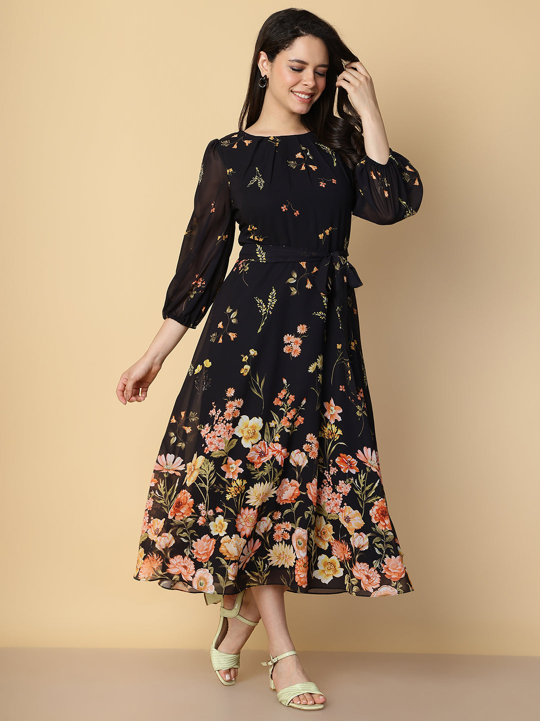 Midnight Black Floral A-Line Dress