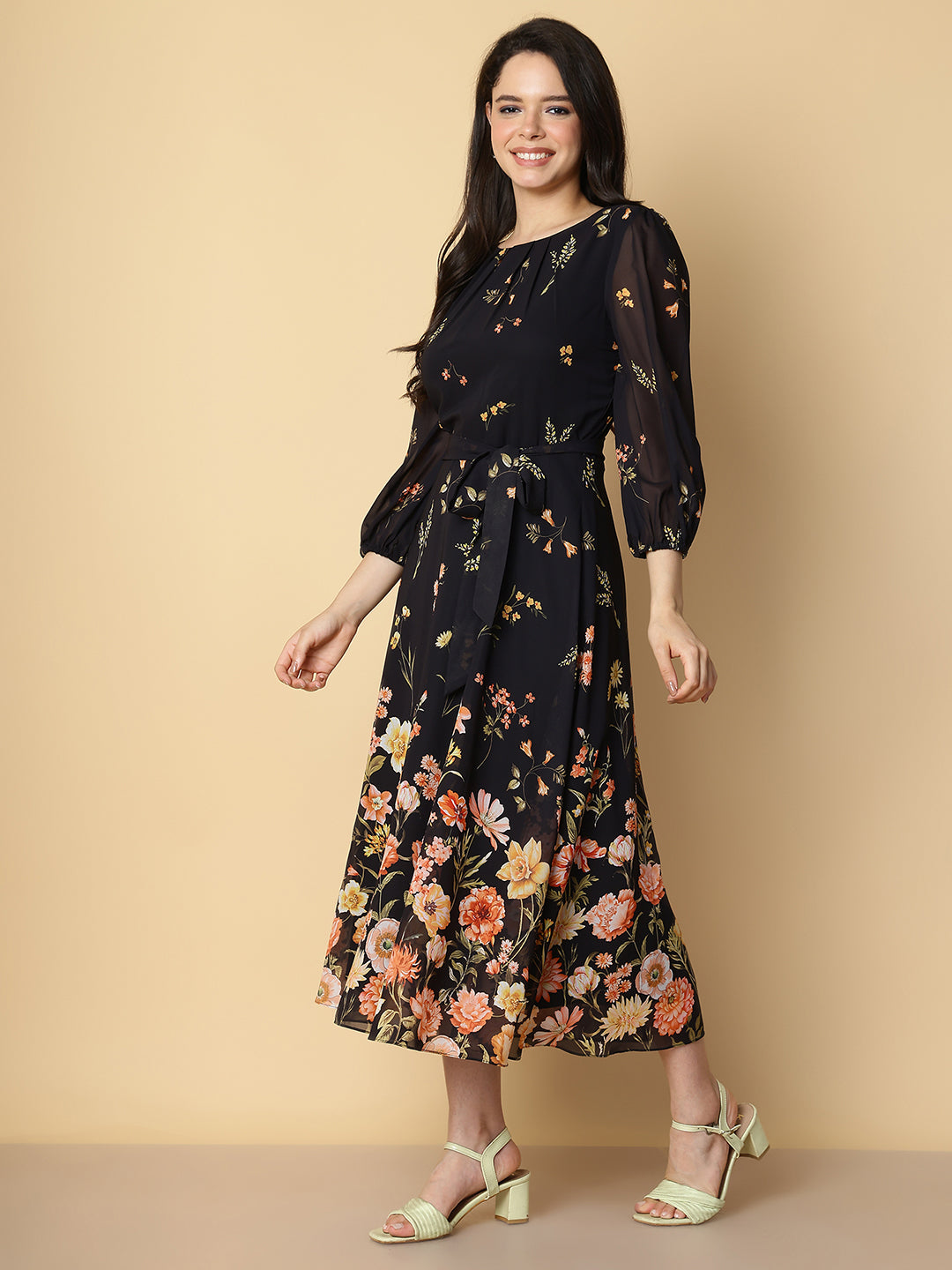 Midnight Black Floral A-Line Dress