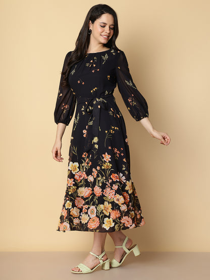 Midnight Black Floral A-Line Dress