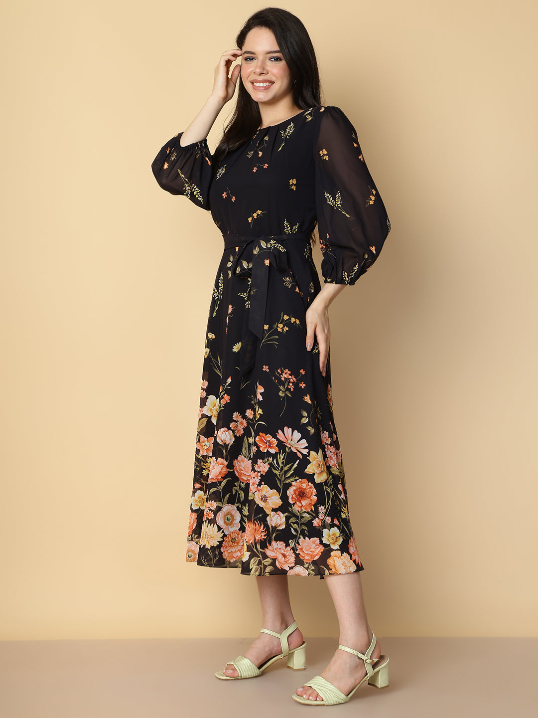 Midnight Black Floral A-Line Dress