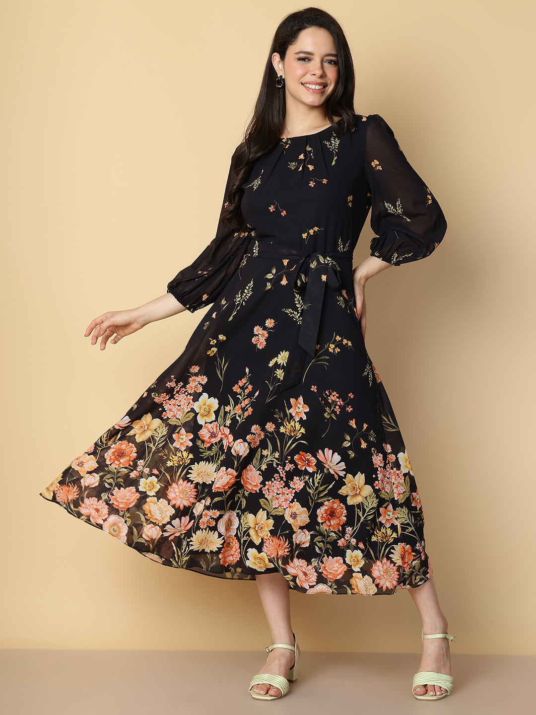 Midnight Black Floral A-Line Dress