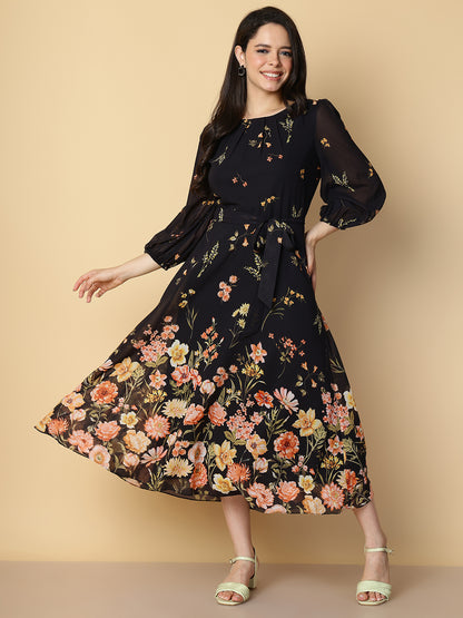 Midnight Black Floral A-Line Dress