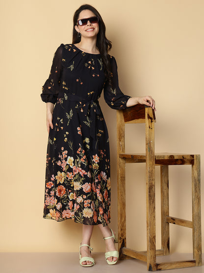 Midnight Black Floral A-Line Dress