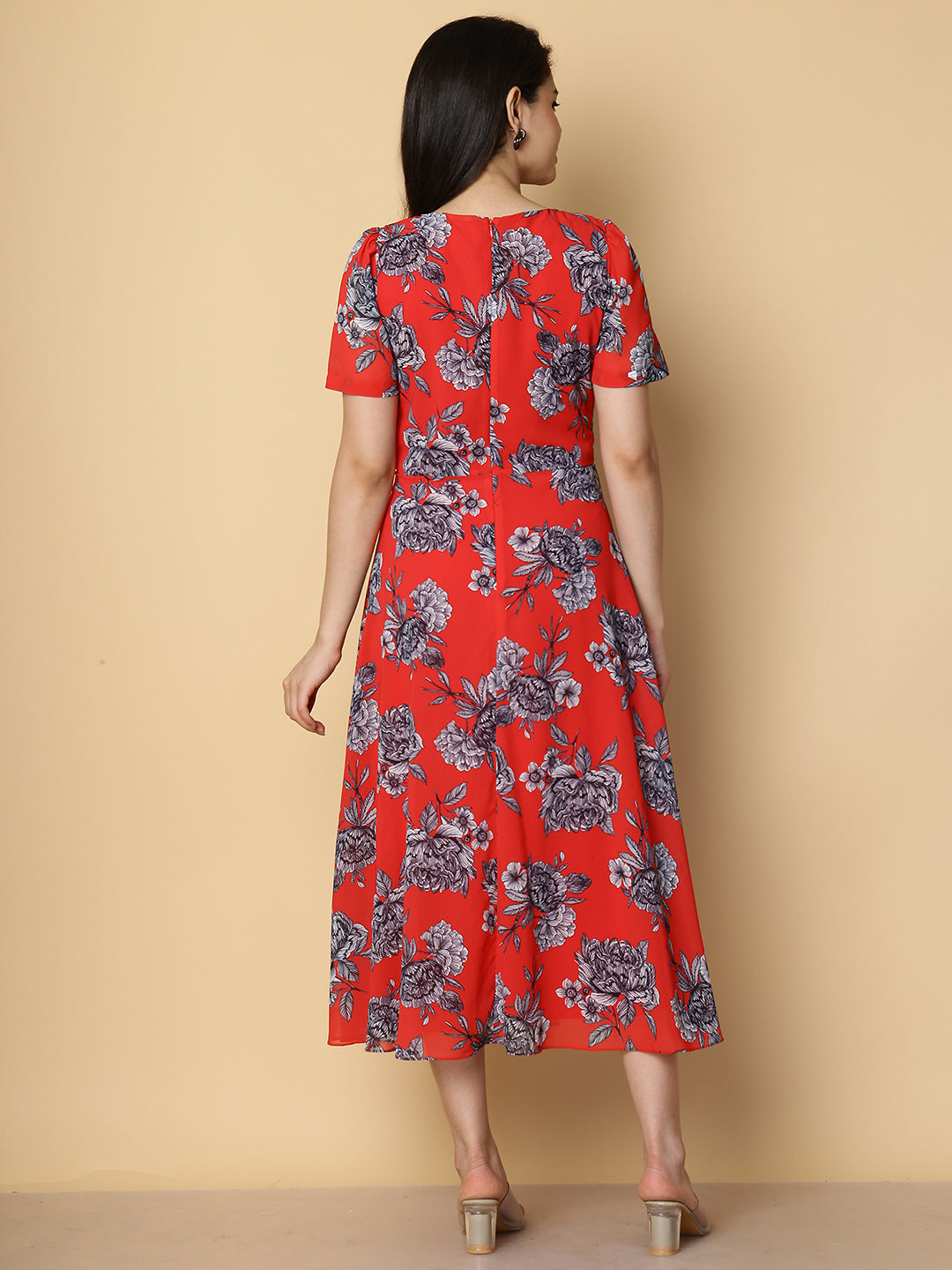 Crimson Red Floral A-Line Midi Dress