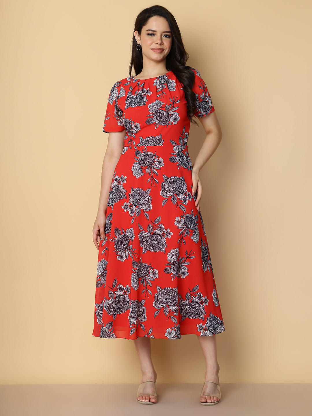 Crimson Red Floral A-Line Midi Dress
