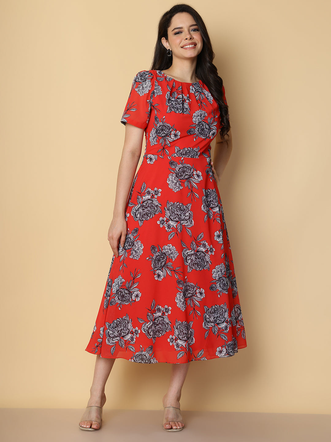 Crimson Red Floral A-Line Midi Dress