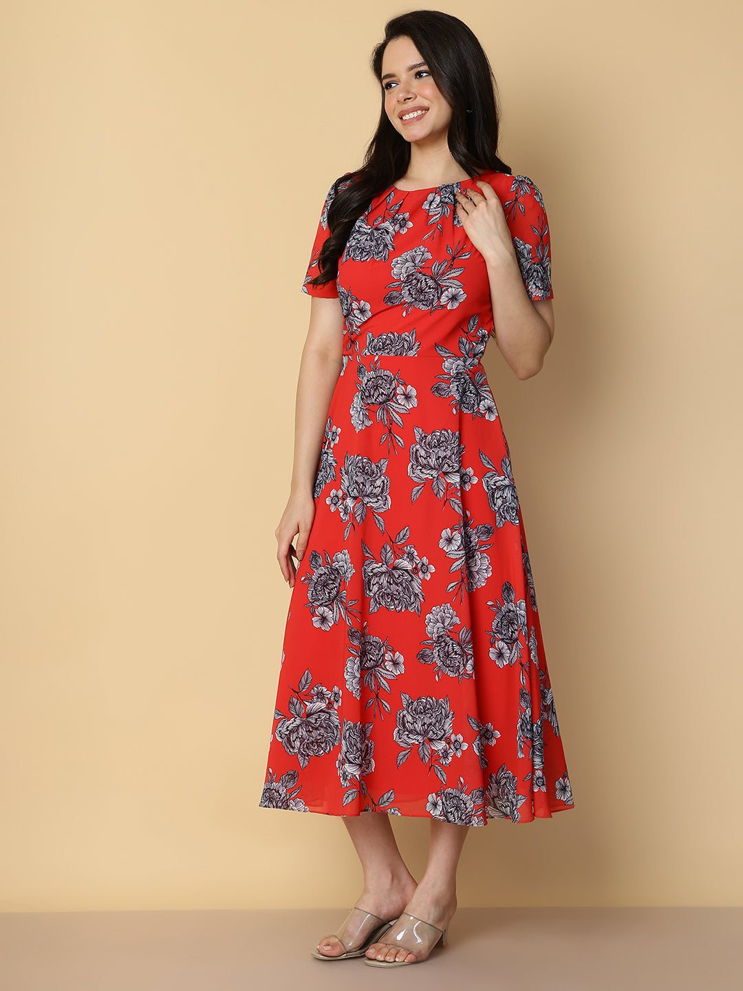 Crimson Red Floral A-Line Midi Dress