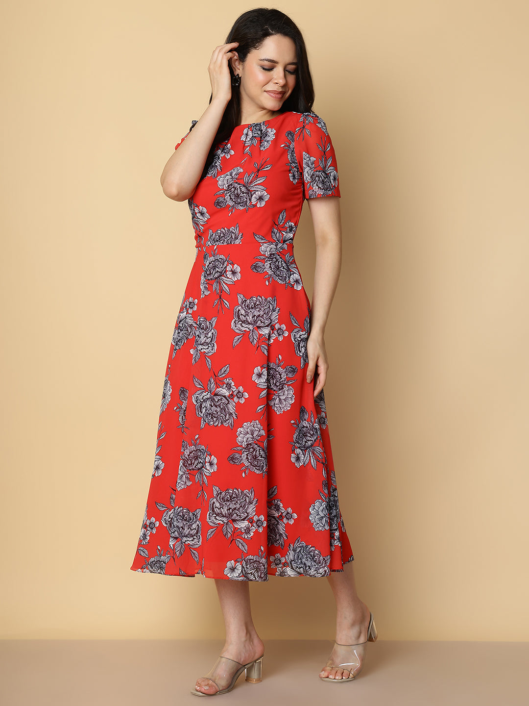 Crimson Red Floral A-Line Midi Dress