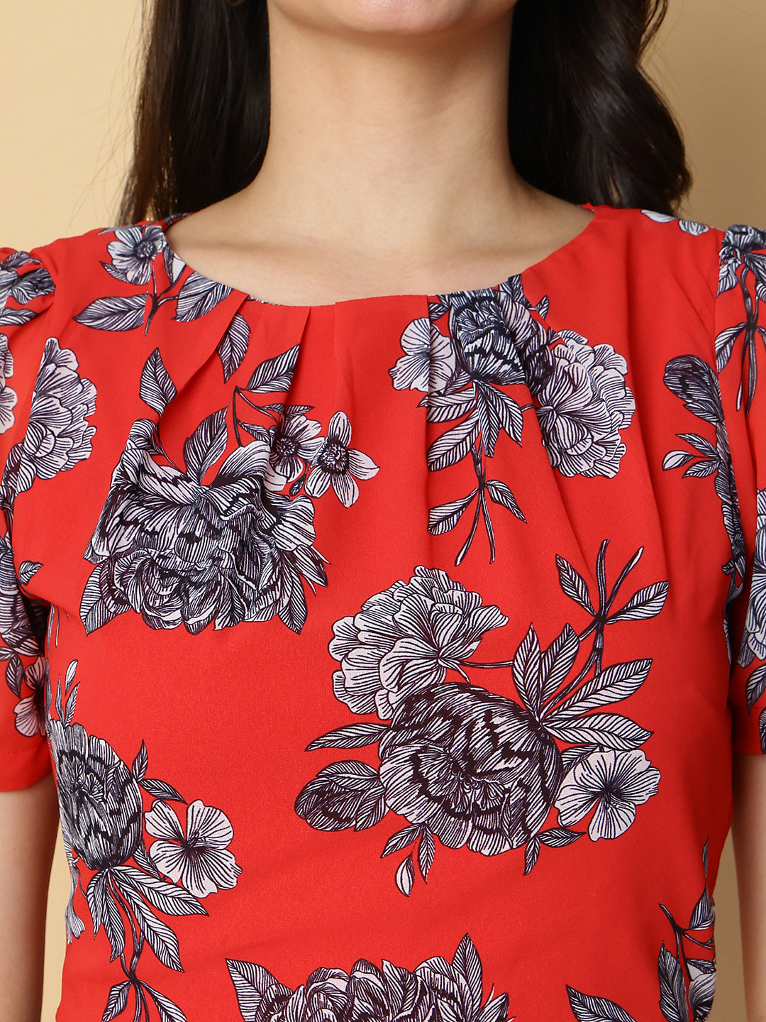 Crimson Red Floral A-Line Midi Dress