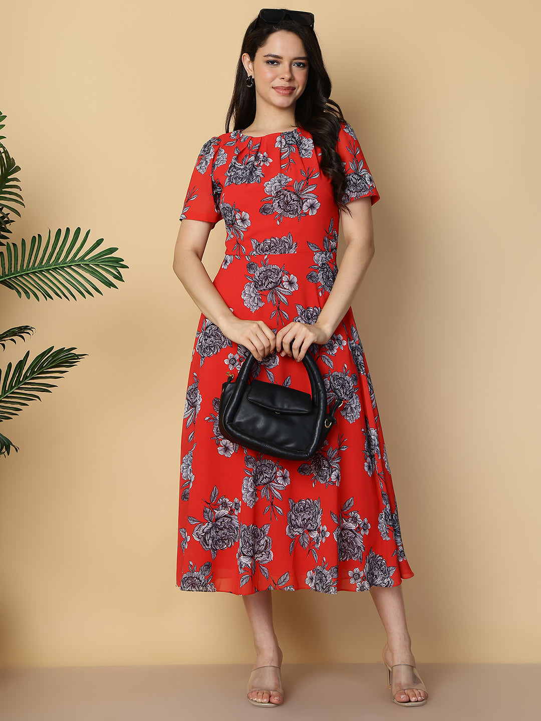 Crimson Red Floral A-Line Midi Dress