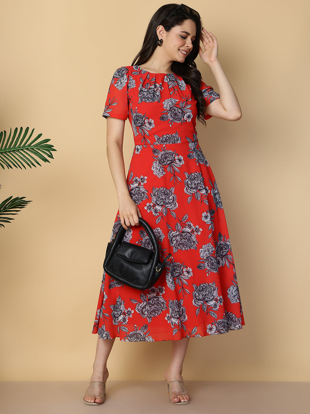 Crimson Red Floral A-Line Midi Dress