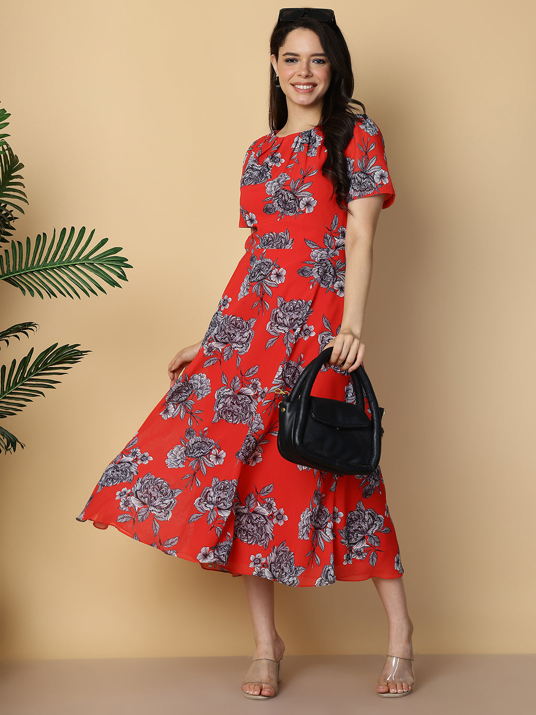 Crimson Red Floral A-Line Midi Dress