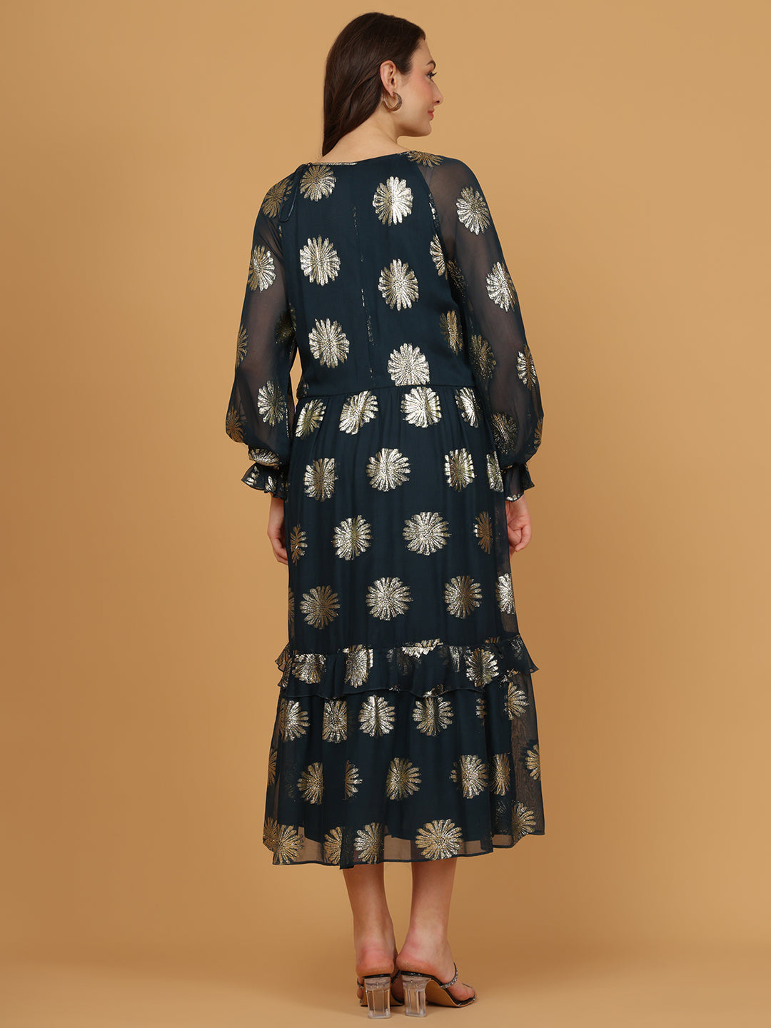 Floral Print Tie-Up Neck   Fit & Flare Midi Dress